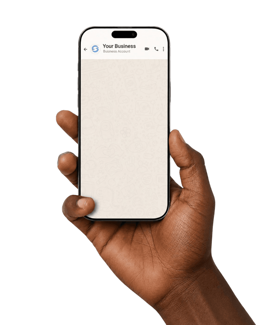 Hand holding phone with Dukabot AI on WhatsApp
